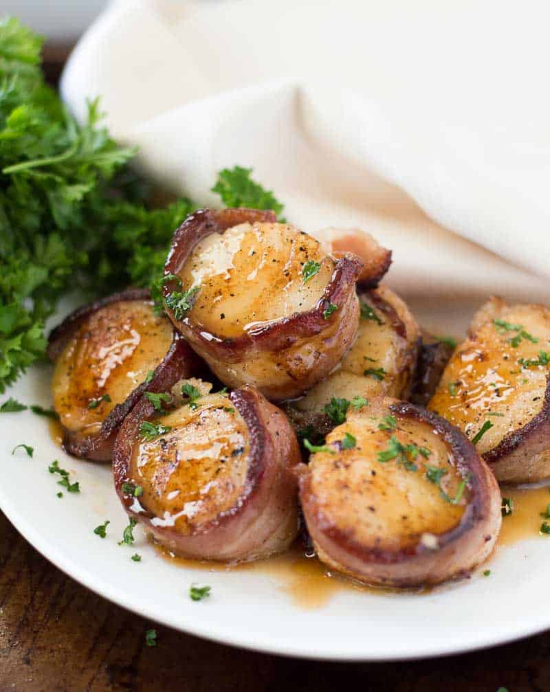 Bacon Wrapped Scallops with Bourbon Peach Glaze