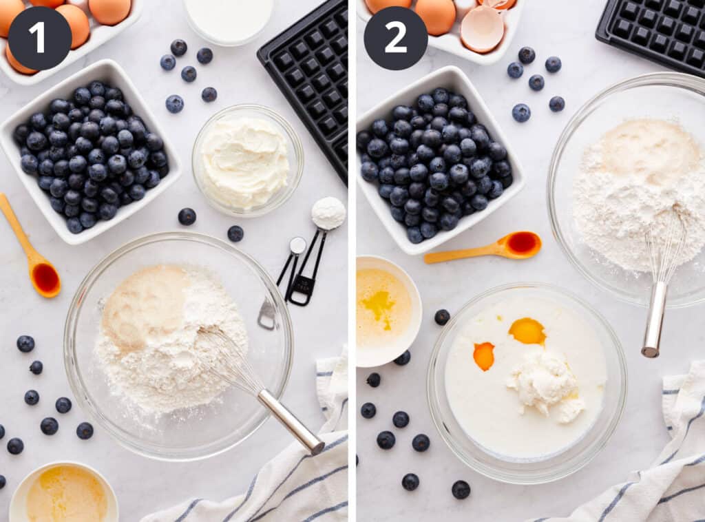 Adding wet and dry ingredients to bowl for waffle mix. 