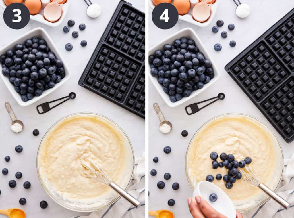 Mixing waffle batter in bowl and adding blueberries