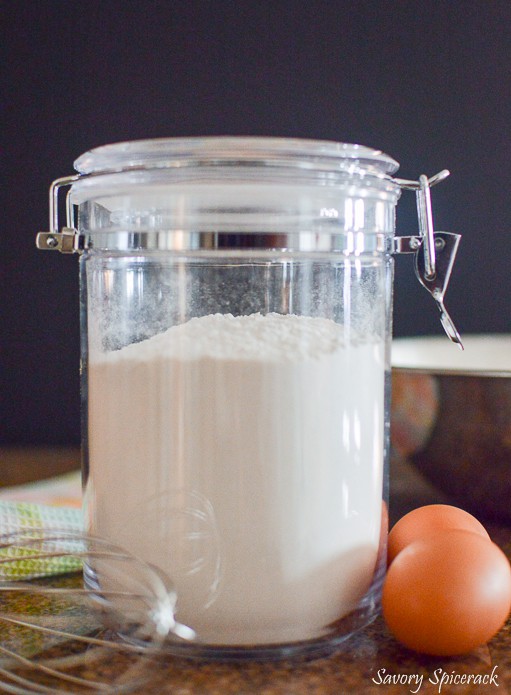 Fantastic closeup of the easy DIY waffle mix recipe with a wisk on the left side of the jar