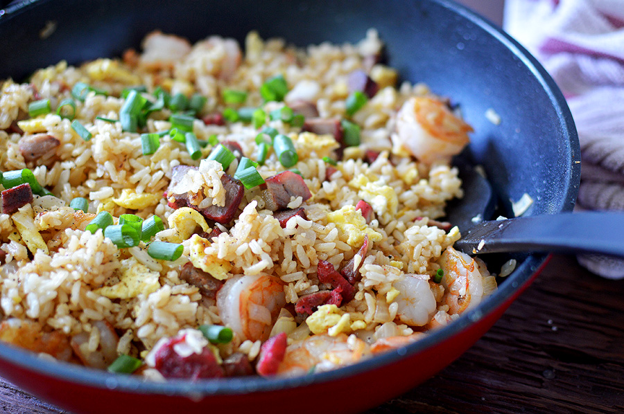 Hawaiian Island Style Fried Rice in a pan ready to be served to the table.