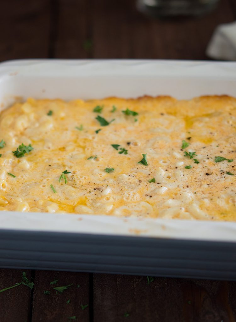 Make Ahead Freezer Macaroni and Cheese in a big light tray hot from the oven 