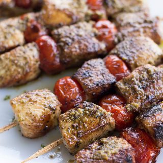 Greek Chicken Skewers With Pesto Sauce on plate