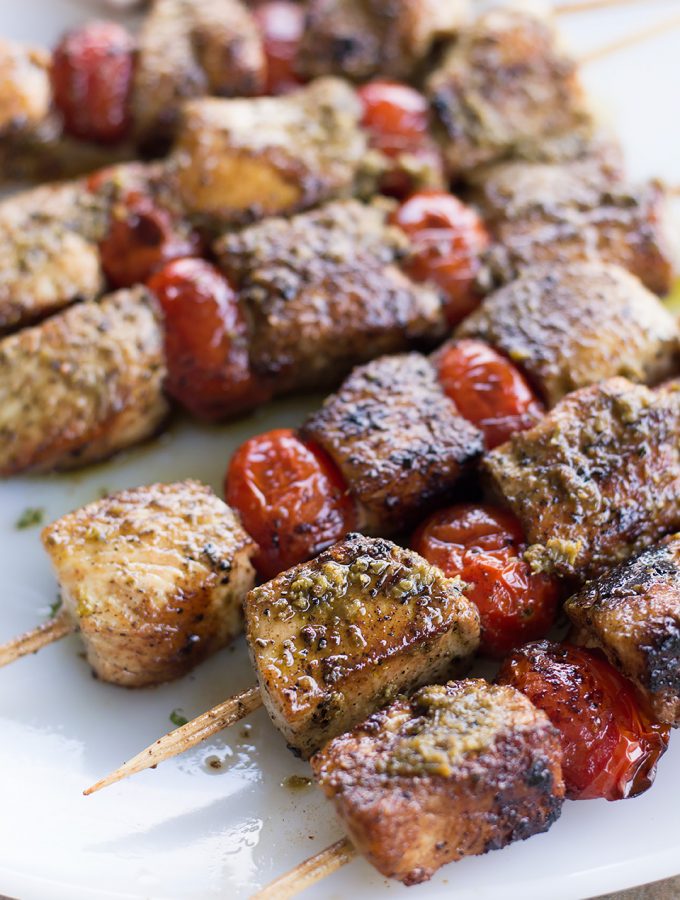 Greek Chicken Skewers With Pesto Sauce on plate