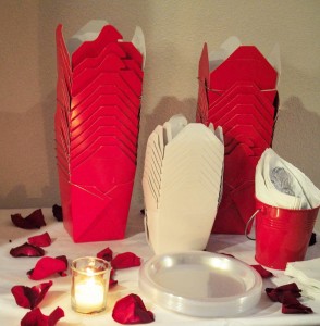 Party Saving Tip: I purchased take out containers from dollar stores for dirt cheap to use as to go boxes for the dessert bar. I also found the cute red buckets at a dollar store as well to use as utensil holders...