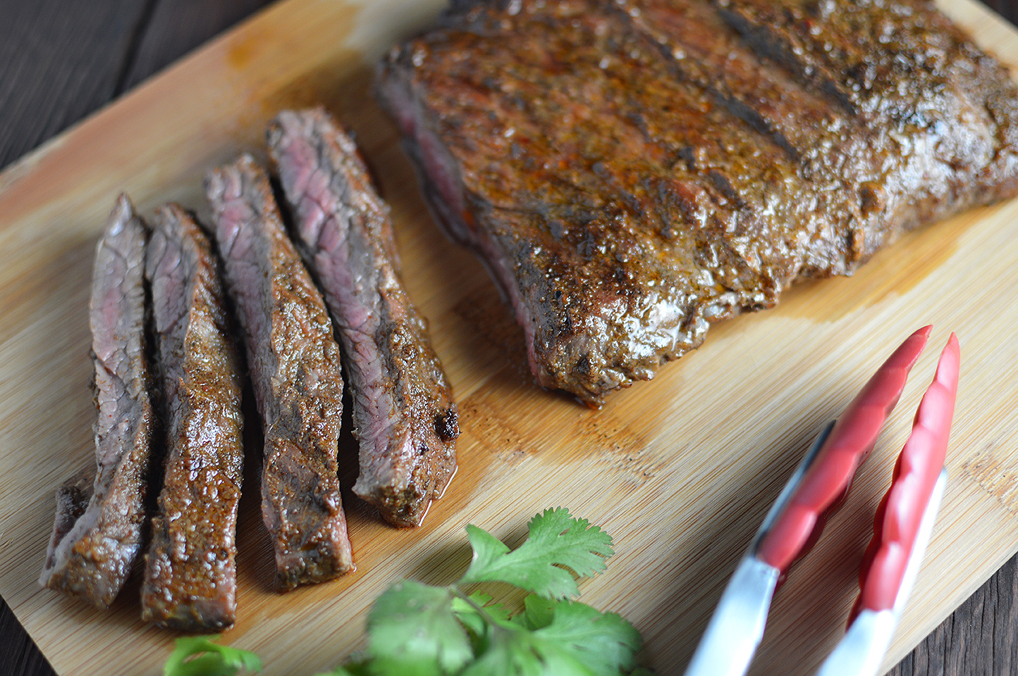 The skirt steaks after they are out of the hot oiled pan looking extra juicy