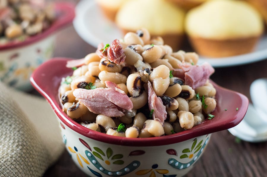 Closeup of the Southern Spicy and Smoky Souther Black Eyed Peas served to the table