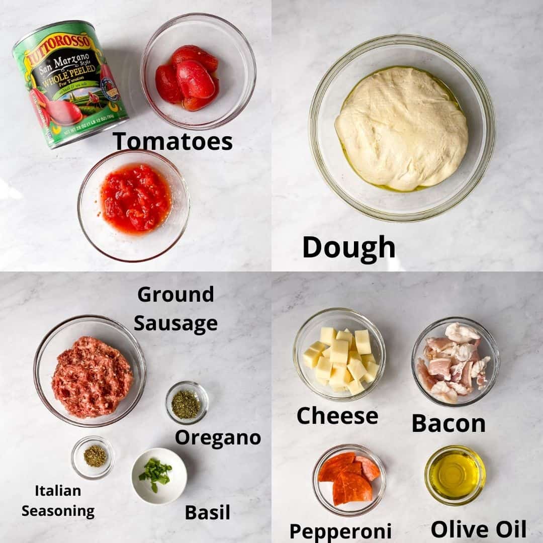 Detroit pizza recipe ingredients in clear and white bowls and can of tomatoes.