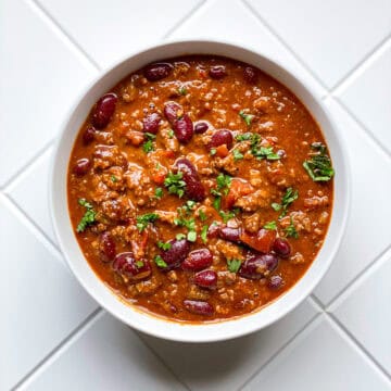 Bowl of chili on white counter top