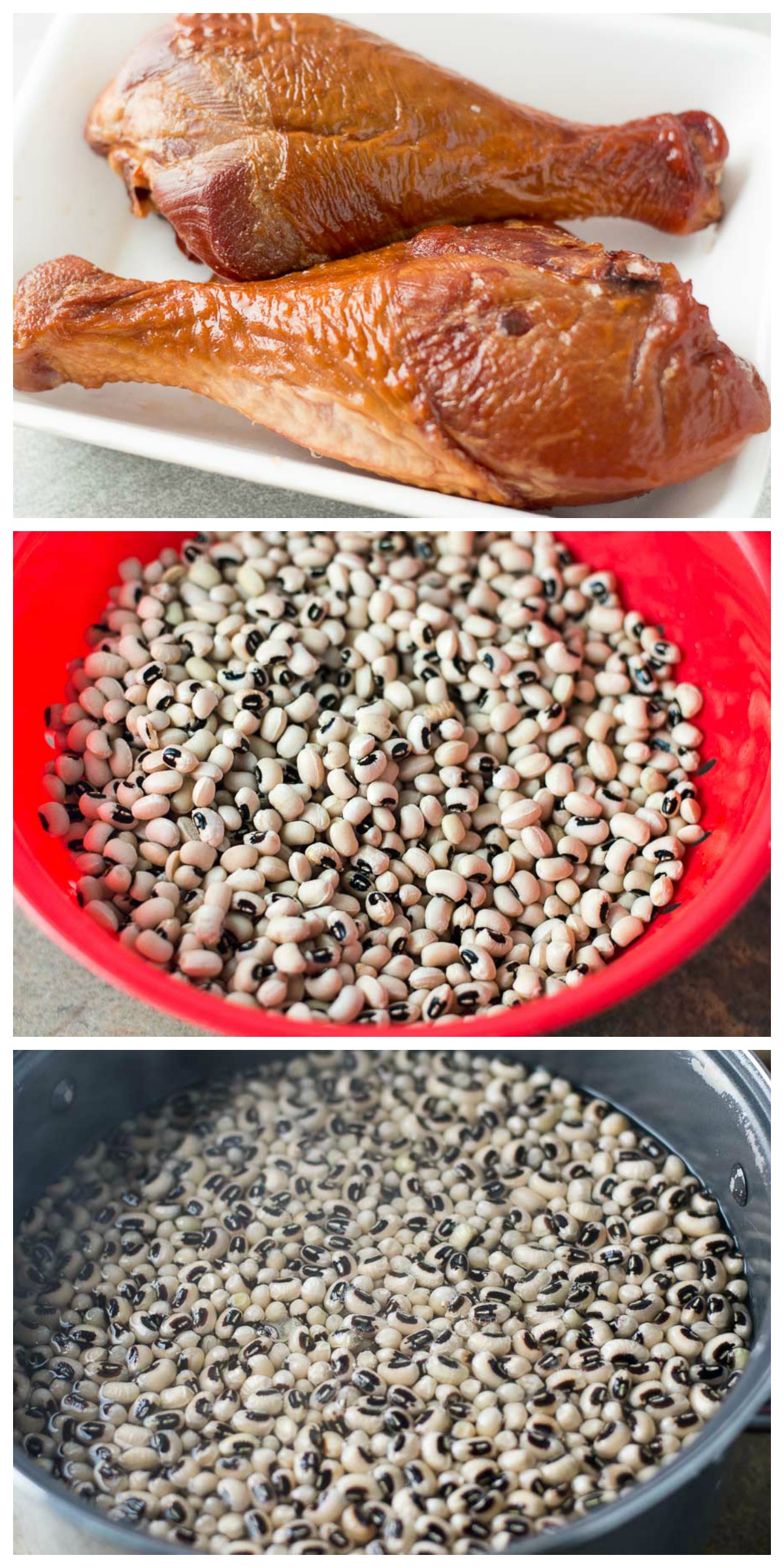 A collage og three images showing black eyed peas, soaking them and turkey