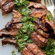 Overhead of the juicy Brazilian Steak with Chimichurri Sauce