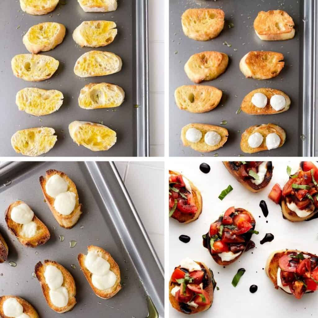 Prep photos oiling and browning bread melting cheese and garnishing bread with tomato mixture.