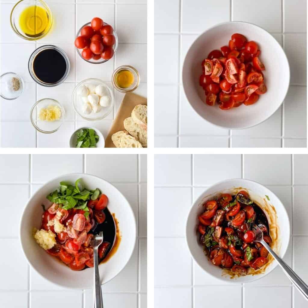 Ingredient and prep photos cutting tomatoes and making tomato mixture.