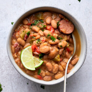 Overhead of a big bowl with Slow Cooker Charro Beans
