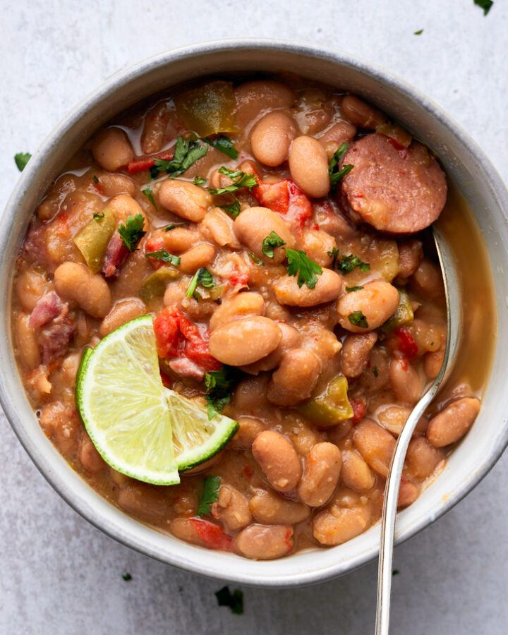Overhead of a big bowl with Slow Cooker Charro Beans