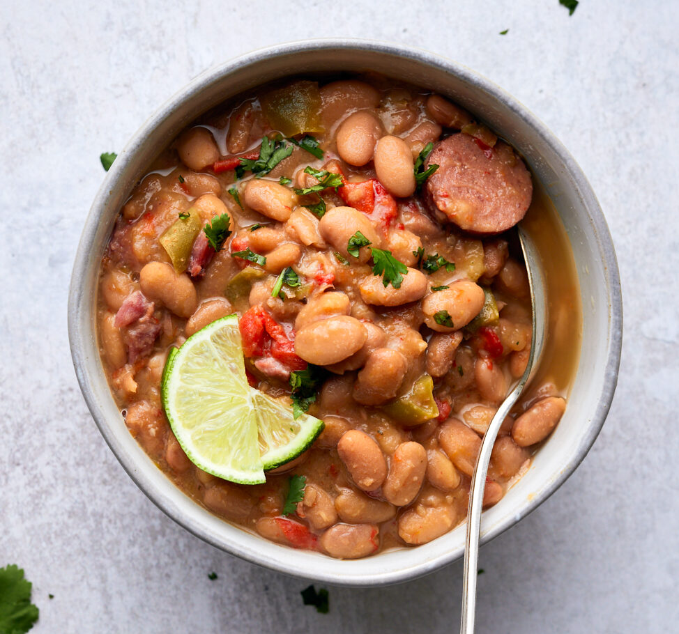 Overhead of a big bowl with Slow Cooker Charro Beans