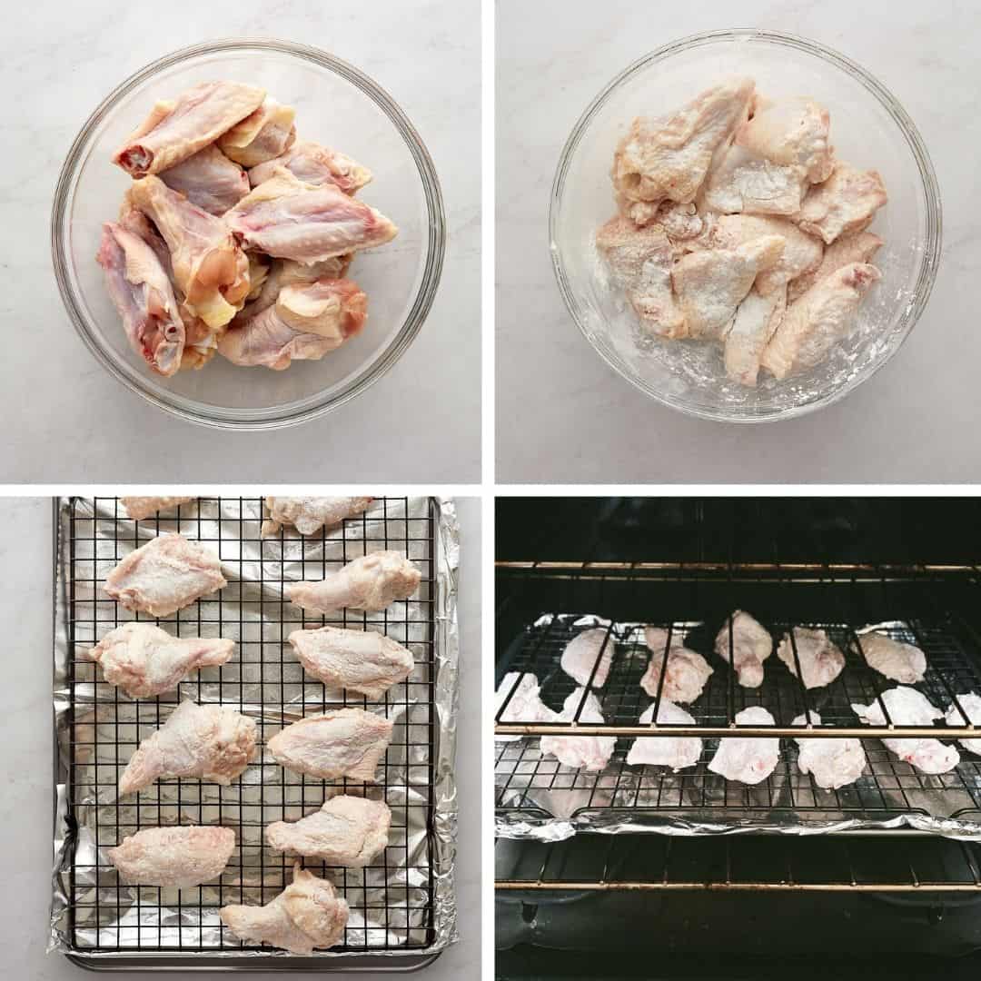 Process shots of wings in bowl being seasoned then placed on pan in oven.