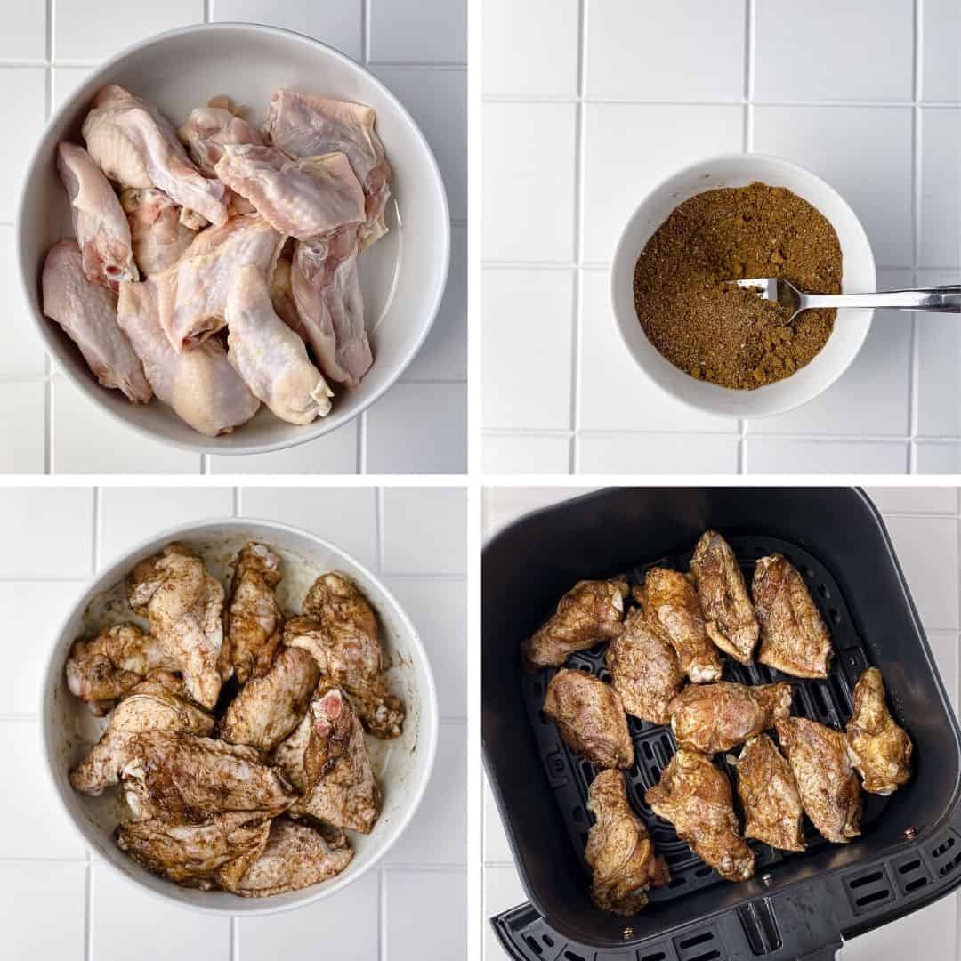Process shots of mixing spices, putting spices on chicken and putting wings in air fryer.