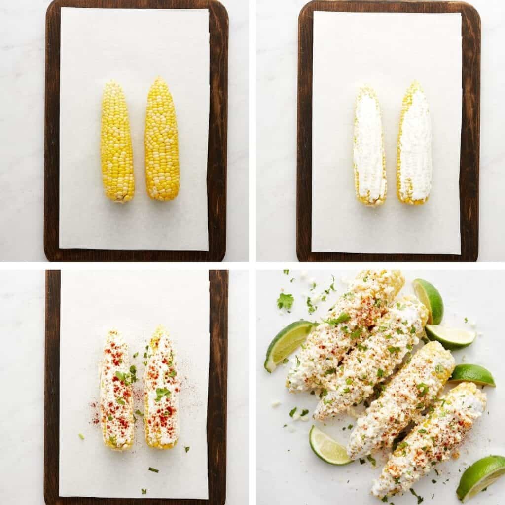 Prep photos of cooked corn and garnishing corn with toppings.