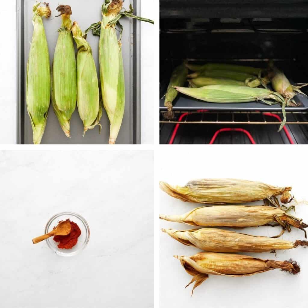 Prep photos with corn on pan corn in oven making spice mixture and cooked corn.