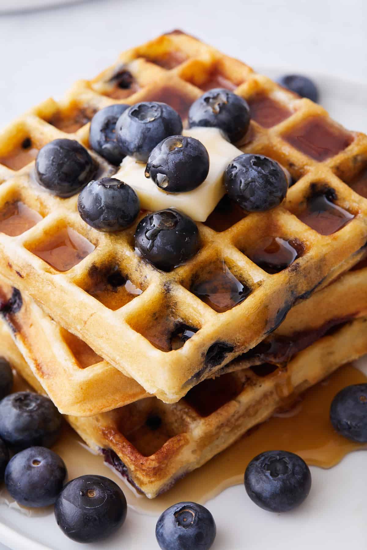 Closeup of the delicious Blueberry Ricotta Waffles served to the table