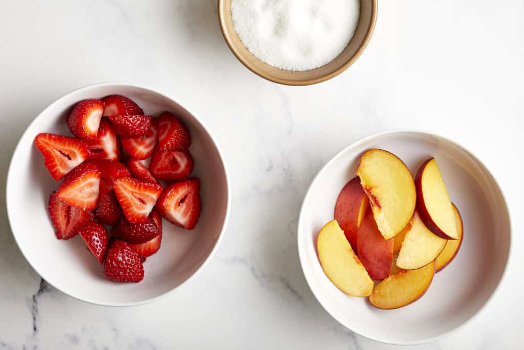 Fruit and Sugar Ingredients for Sparkling Peach and Strawberry Sangria