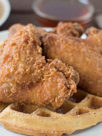 Closeup on the delicious Buttermilk Peach Waffles with Buttermilk Fried Chicken