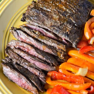 citrus marinated steak on plate with peppers
