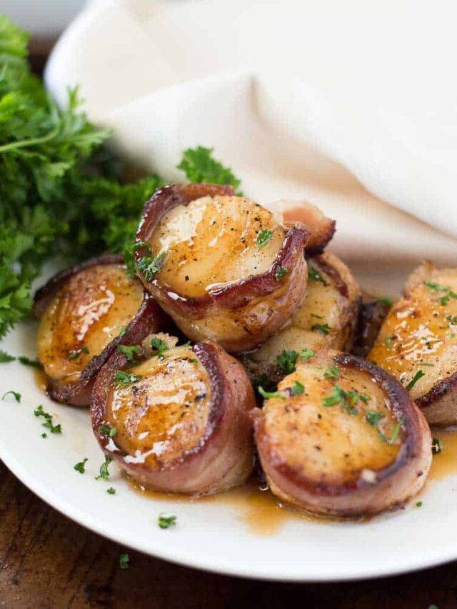 Bacon Wrapped Scallops with Bourbon Peach Glaze