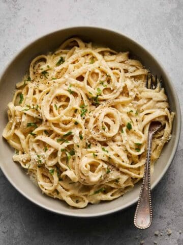 Bowl of cooked pasta and sauce