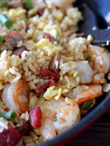 Closeup of the delicious Hawaiian Island Style Fried Rice served in a pan