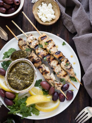 Greek pesto chicken skewers