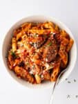 Italian Sausage Pasta in white bowl