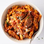Italian Sausage Pasta in white bowl