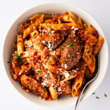 Italian Sausage Pasta in white bowl