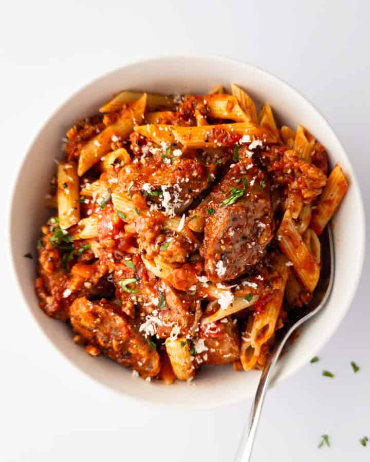 Italian Sausage Pasta in white bowl
