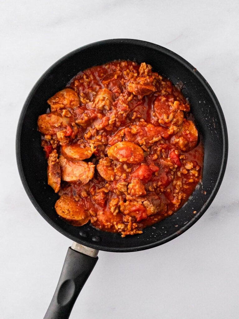 Cooked pasta sauce in pan