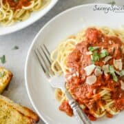 Marinara Sauce Infused with Wine on top of spaghetti