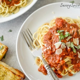 Marinara Sauce Infused with Wine on top of spaghetti