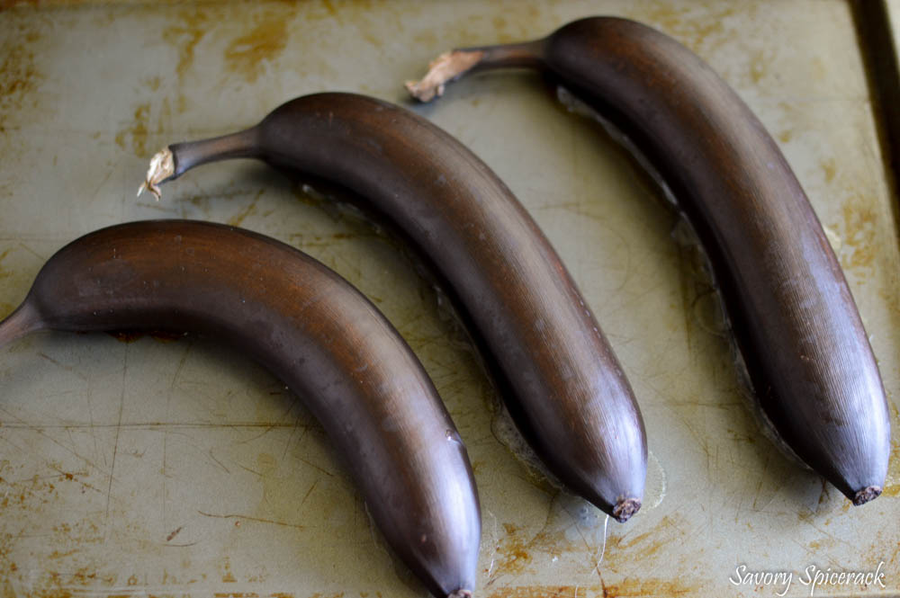 Three overripe bananas on a tray