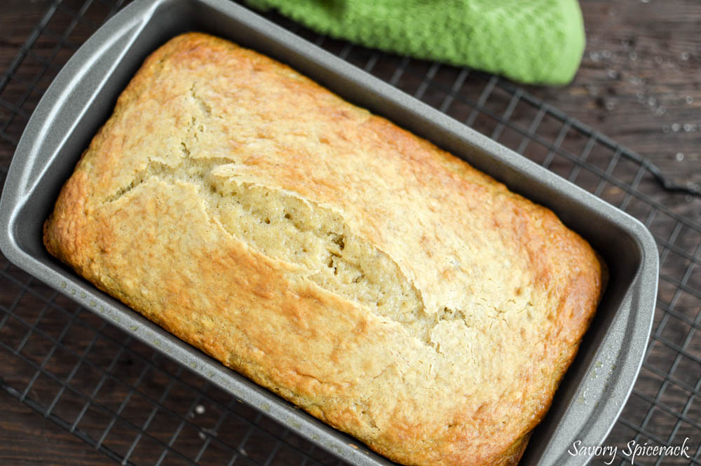 Easy Banana Bread Cake in a pan straight out of the oven