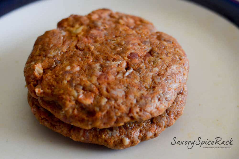 Cheese Stuffed Chorizo Burge patties on plate