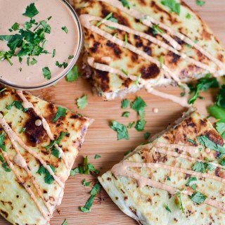 Overhead on the delicious Kalua Pig Pulled Pork Quesadilla with Chipotle Cream Sauce