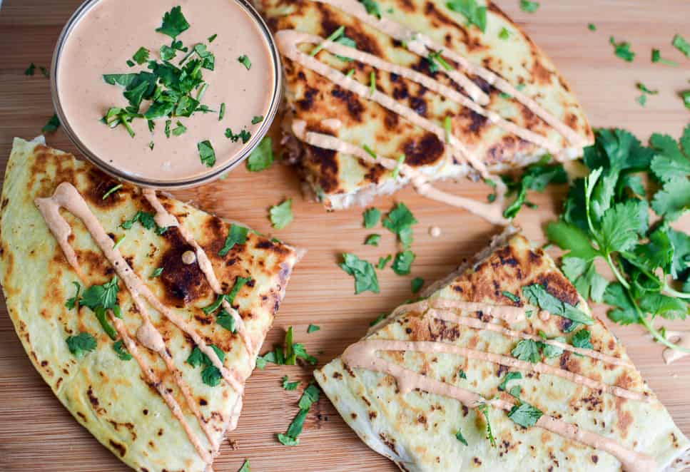 Overhead on the delicious Kalua Pig Pulled Pork Quesadilla with Chipotle Cream Sauce
